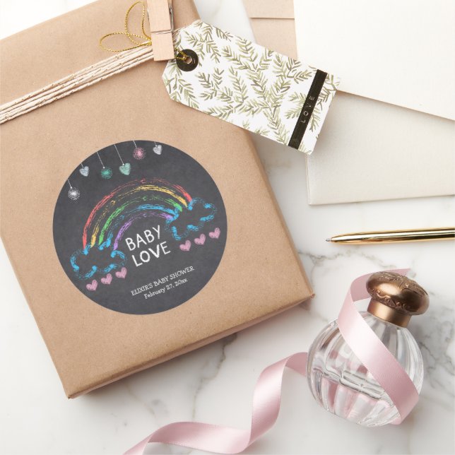 Baby Love Chalkboard Hearts & Rainbow Baby Shower Classic Round Sticker (Gifting)