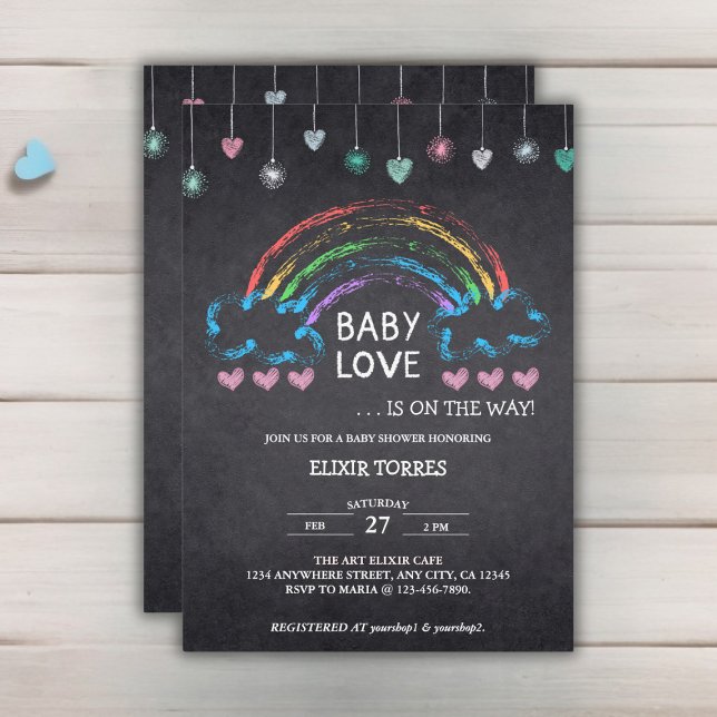 Baby Love Chalkboard Hearts & Rainbow Baby Shower Invitation (Creator Uploaded)