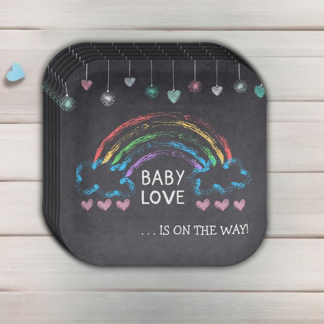 Baby Love Chalkboard Hearts & Rainbow Baby Shower Paper Plates (Creator Uploaded)