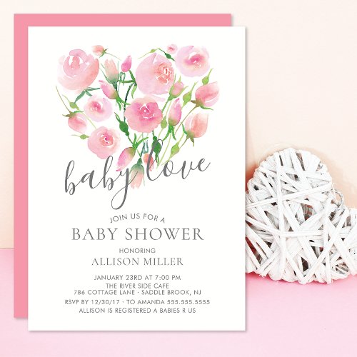 Baby Love Floral Heart Girl Baby Shower Invitation
