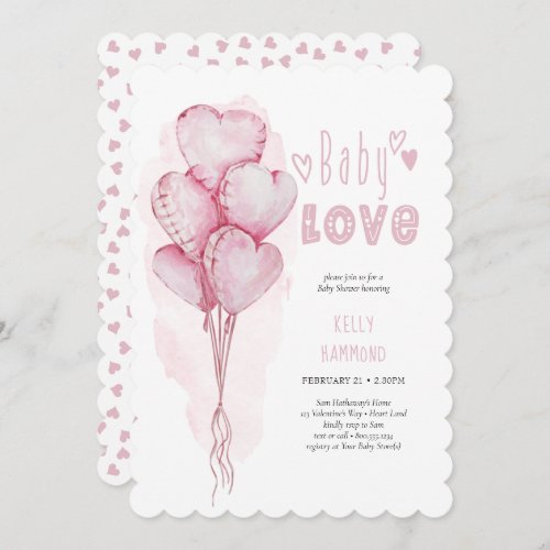 Baby Love Pink Heart Balloons Girl Baby Shower Invitation