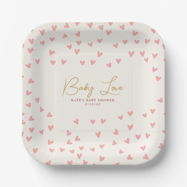 Baby Love Pink Hearts Girl Baby Shower Paper Plates (Front)
