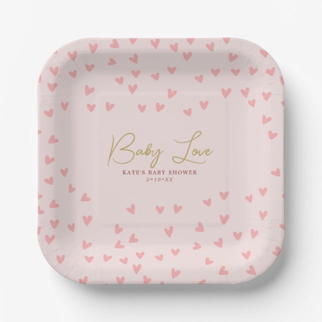 Baby Love Pink Hearts Girl Baby Shower Paper Plates (Front)