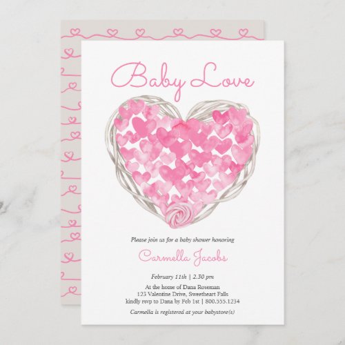 Baby Love Pink Hearts Rustic Girl Baby Shower Invitation