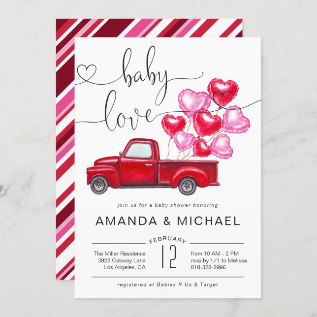 Baby Love | Red Truck Heart Balloons Baby Shower Invitation (Front/Back)