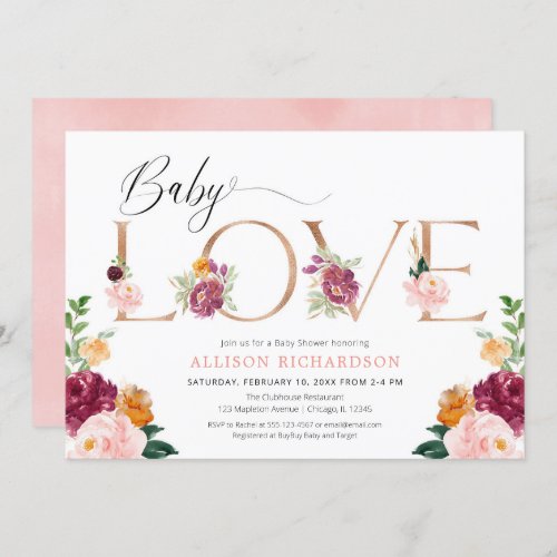 Baby love rose gold burgundy blush girl shower invitation