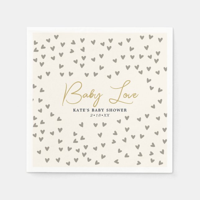 Baby Love Taupe Hearts Gender Neutral Baby Shower Napkins (Front)