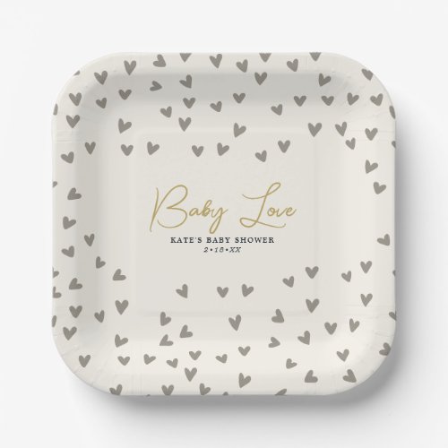 Baby Love Taupe Hearts Gender Neutral Baby Shower Paper Plates