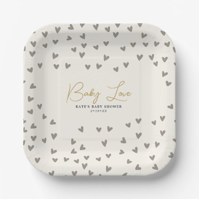 Baby Love Taupe Hearts Gender Neutral Baby Shower Paper Plates (Front)