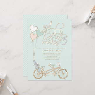 Baby Makes Three tandem bike with baby seat shower Invitation