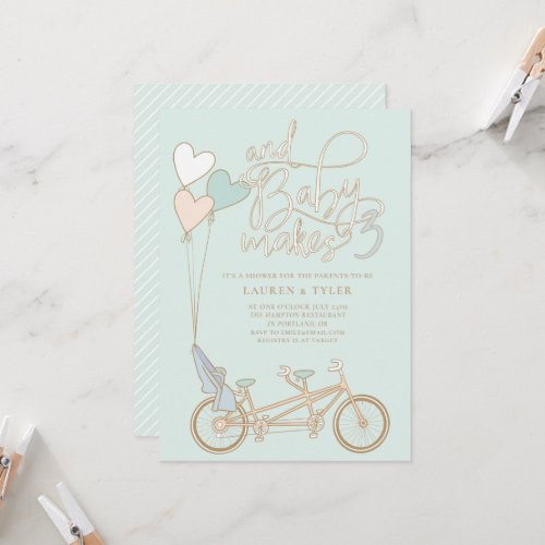 Baby Makes Three tandem bike with baby seat shower Invitation