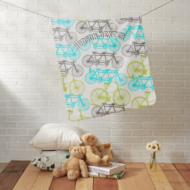 Baby Makes THREE Turquoise Vintage Bicycle Baby Blanket (In Situ)