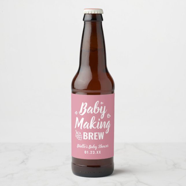 Baby Making Brew Funny Shower Thank You Pink Hops Beer Bottle Label (Front)