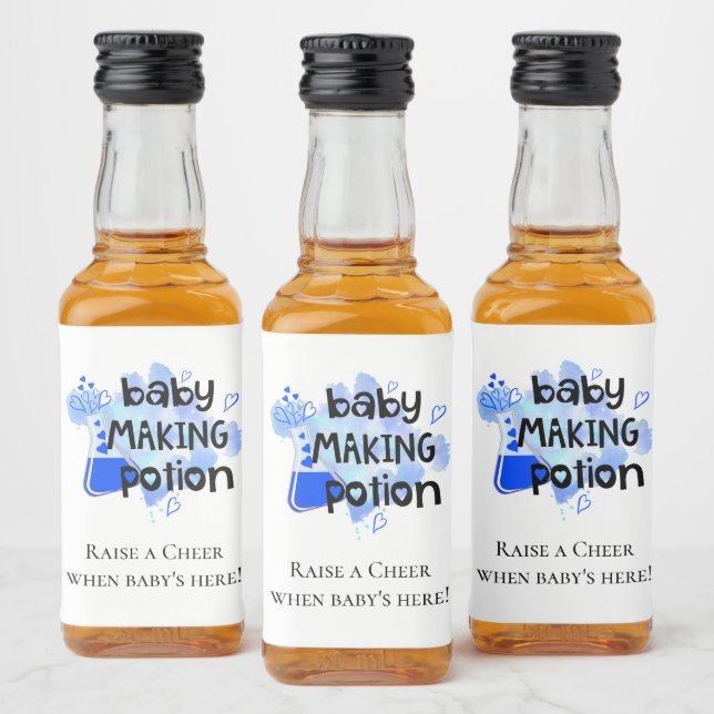 Baby Making Potion Baby Shower Favor Blue Hearts Liquor Bottle Label (Bottles)
