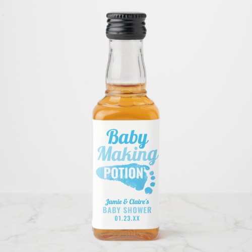Baby Making Potion Blue Footprint Shower Thank You Liquor Bottle Label