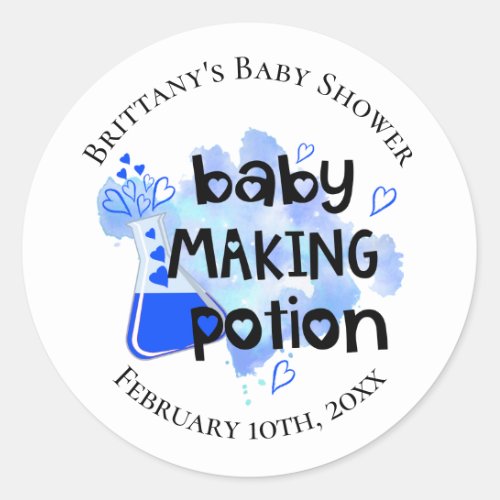 Baby Making Potion Blue Hearts Baby Shower Favor Classic Round Sticker