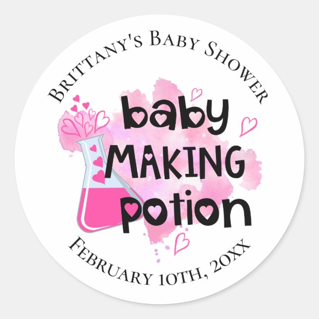 Baby Making Potion Pink Hearts Baby Shower Favor Classic Round Sticker (Front)