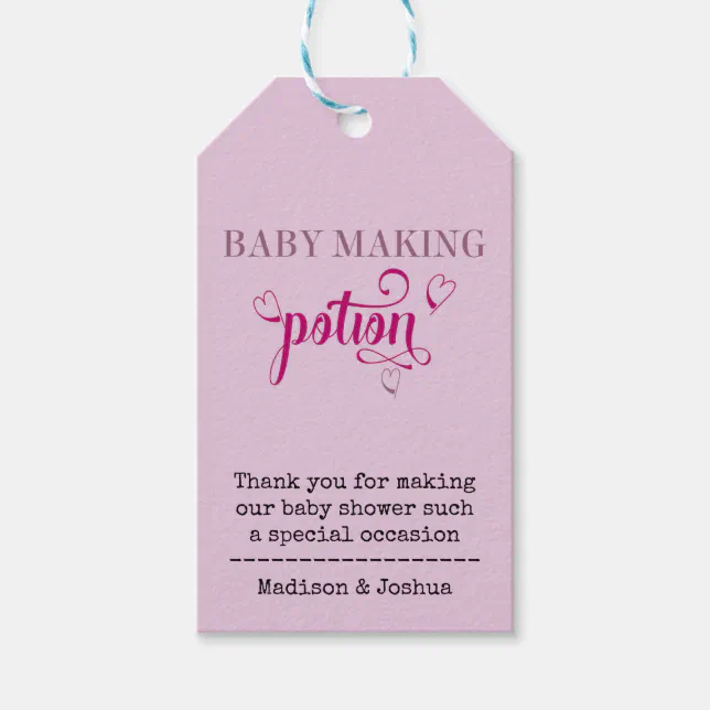 Baby Making Potion Pink Typography Baby Shower Gift Tags | Zazzle