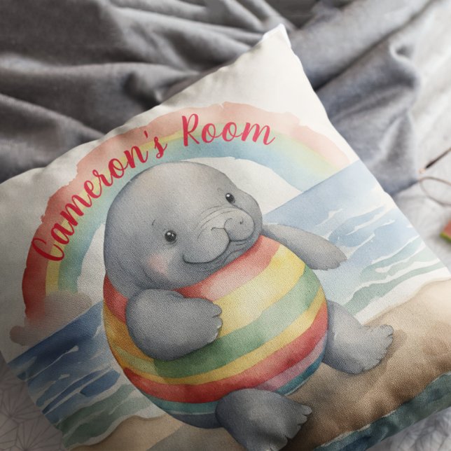 Baby Manatee Rainbow Personalized Throw Pillow (Creator Uploaded)