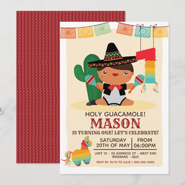 Baby Mariachi Holy Guacamole One Year Invitation (Front/Back)