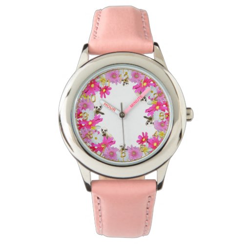 Baby Meerkats And Flowers Girl Pink Leather Watch