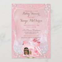 Baby Mermaid African American Pink Shell Pearls Invitation