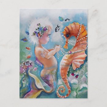 Baby Mermaid And Sea Horse Postcard by Creechers at Zazzle