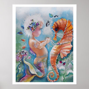 Baby Mermaid and Sea Horse Poster
