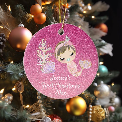 Baby Mermaid First Christmas Glitter pink Ceramic Ornament