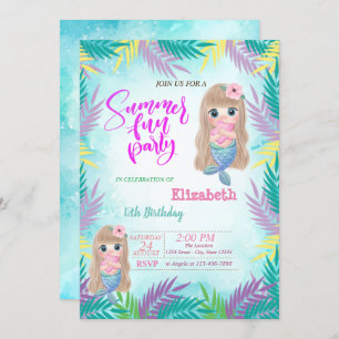 Baby Mermaid Flowers Summer Birthday Party Invitation