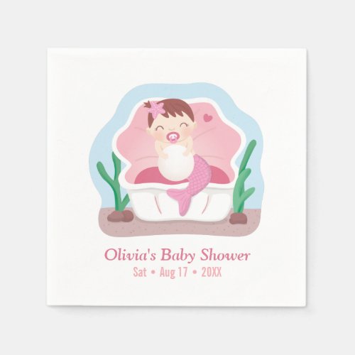Baby Mermaid Girl with Pearl Baby Shower Napkins