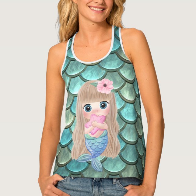 Baby Mermaid On Mermaid Tail Scales Tank Top (Front)