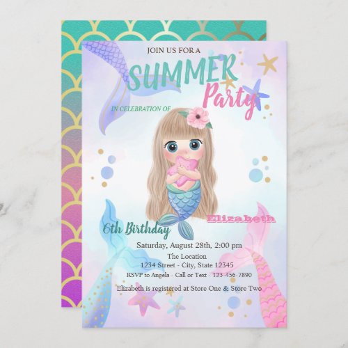 Baby Mermaid Scales Seastars Birthday Party Invitation