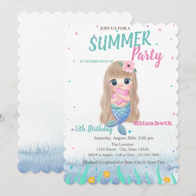 Baby Mermaid Seashells Birthday Party Invitation (Front/Back)