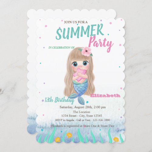 Baby Mermaid Seashells Birthday Party Invitation