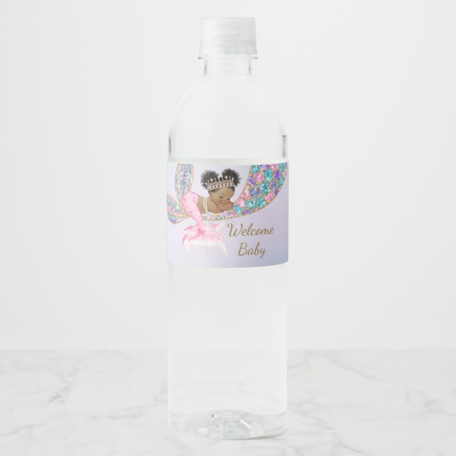 Baby Mermaid  shower Water Label, African American Water Bottle Label (Front)