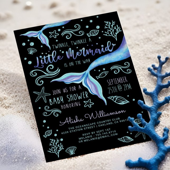 Baby Mermaid Under the Sea Iridescent Baby Shower Invitation (Twinkle Twinkle Iridescent Ocean Mermaid Black Invitation)