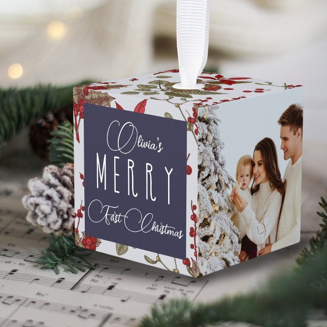 Baby Merry First Christmas, Name and Photos, Cube Ornament (Creator Uploaded)