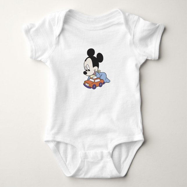 Baby Mickey Mouse playing with toy car Baby Bodysuit (Front)