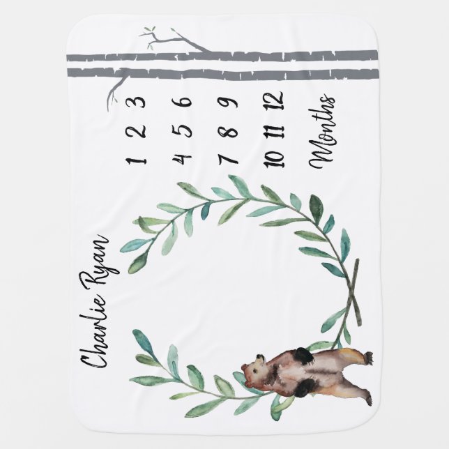 Baby Milestone Blanket Bear Wreath and Birch Trees (Front)