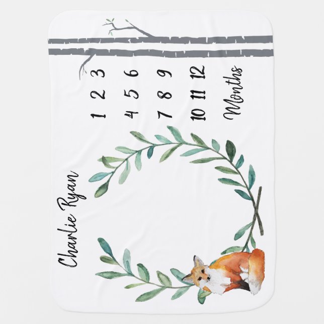 Baby Milestone Blanket Fox Wreath and Birch Trees (Front)
