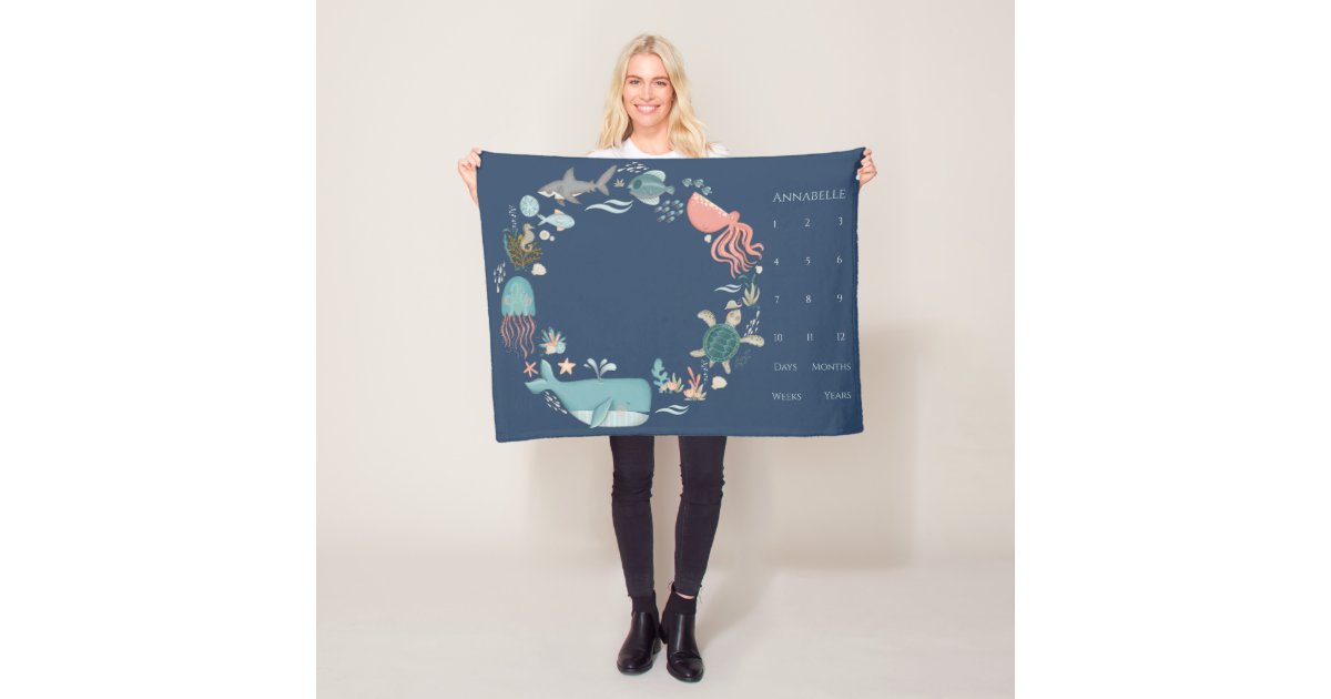 Baby Milestone Blue Under the Sea Animal Wreath Fleece Blanket | Zazzle