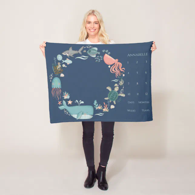 Baby Milestone Blue Under the Sea Animal Wreath Fleece Blanket | Zazzle