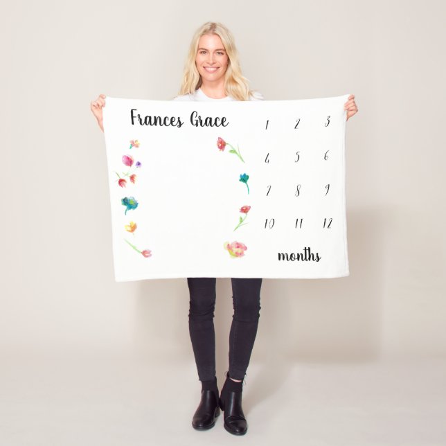 Baby milestone month watercolor flowers fleece blanket (In Situ)