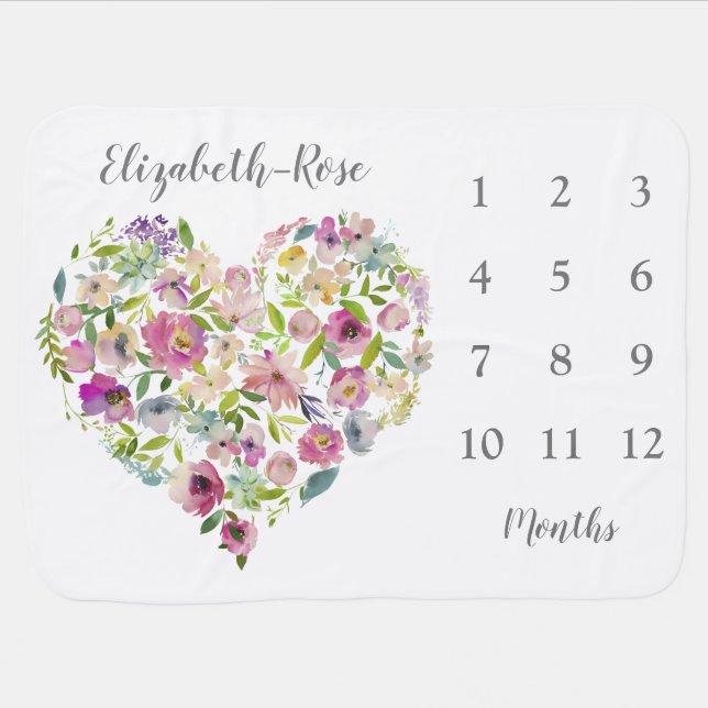 Baby Milestone Monthly | Floral Heart Blanket (Horizontal)
