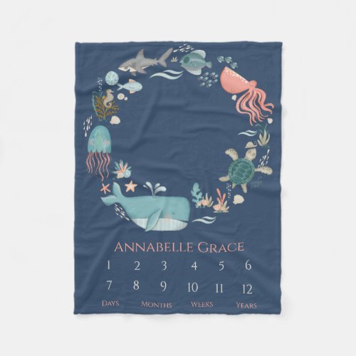 Baby Milestone Ocean Animal Wreath Fleece Blanket - Surround your sweet baby in a delicate wreath of watercolor ocean animals, on a dark blue background, with coral, shells, fish, octopus, whale and more! This vertical design will make a lovely photo backdrop, featuring baby's name in coral type. The milestone markers for 1-12 are below, followed by the options of days, weeks, months and years, giving you many photo options, and is modern, elegant and beautiful! Thank you so much for supporting our small business, we really appreciate it! 
We are so happy you love this design as much as we do, and would love to invite
you to be part of our new private Facebook group Personalized Gifts for Any Occasion. 
Join to receive the latest on sales, new releases and more! 
https://www.facebook.com/groups/270127958409002  Copyright Personalized Home Decor, all rights reserved.