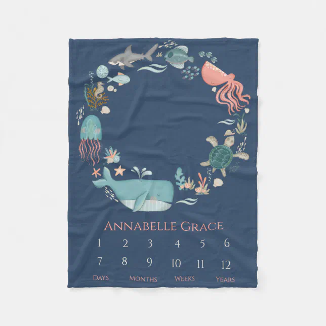 Baby Milestone Ocean Animal Wreath Fleece Blanket | Zazzle