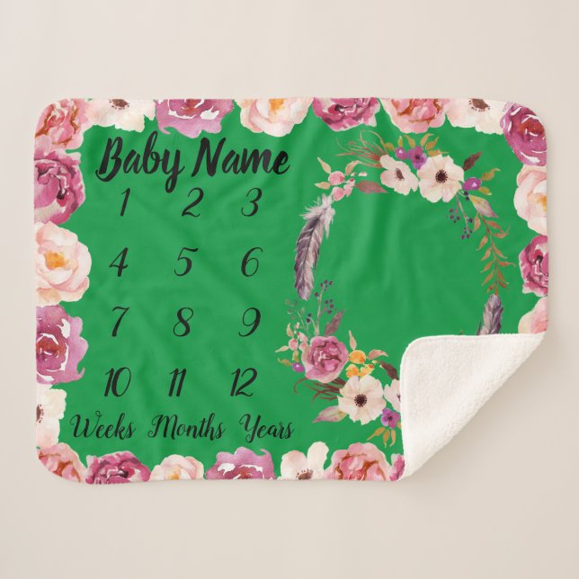 Baby Milestone Personalized Name Shower Girl Gift Sherpa Blanket (Front (Horizontal))