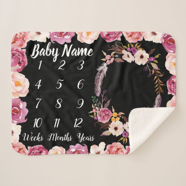Baby Milestone Personalized Name Shower Girl Gift Sherpa Blanket (Front (Horizontal))