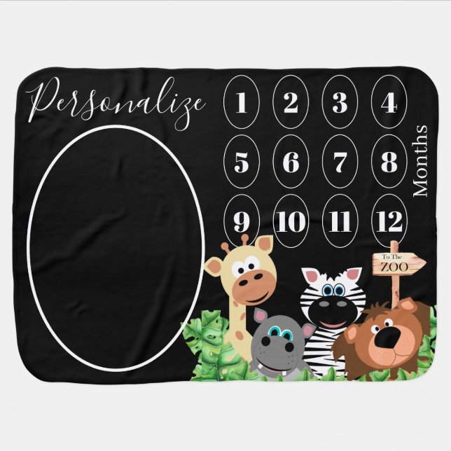 Baby Milestone Personalized Zoo Animals Baby Blank Baby Blanket (Horizontal)